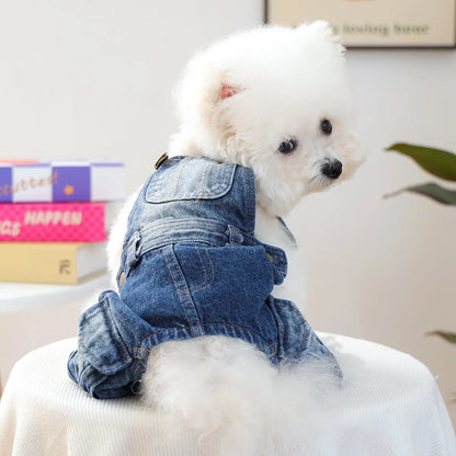 Dog & Cat Winter Denim Overalls - Polyester Fiber Apparel, Warm, Classic Look, XS-XL Fit, Hassle-Free Dressing, Sweater Compatible, Cozy Indoor Use, Realistic Overall Straps, Photo-Ready Design