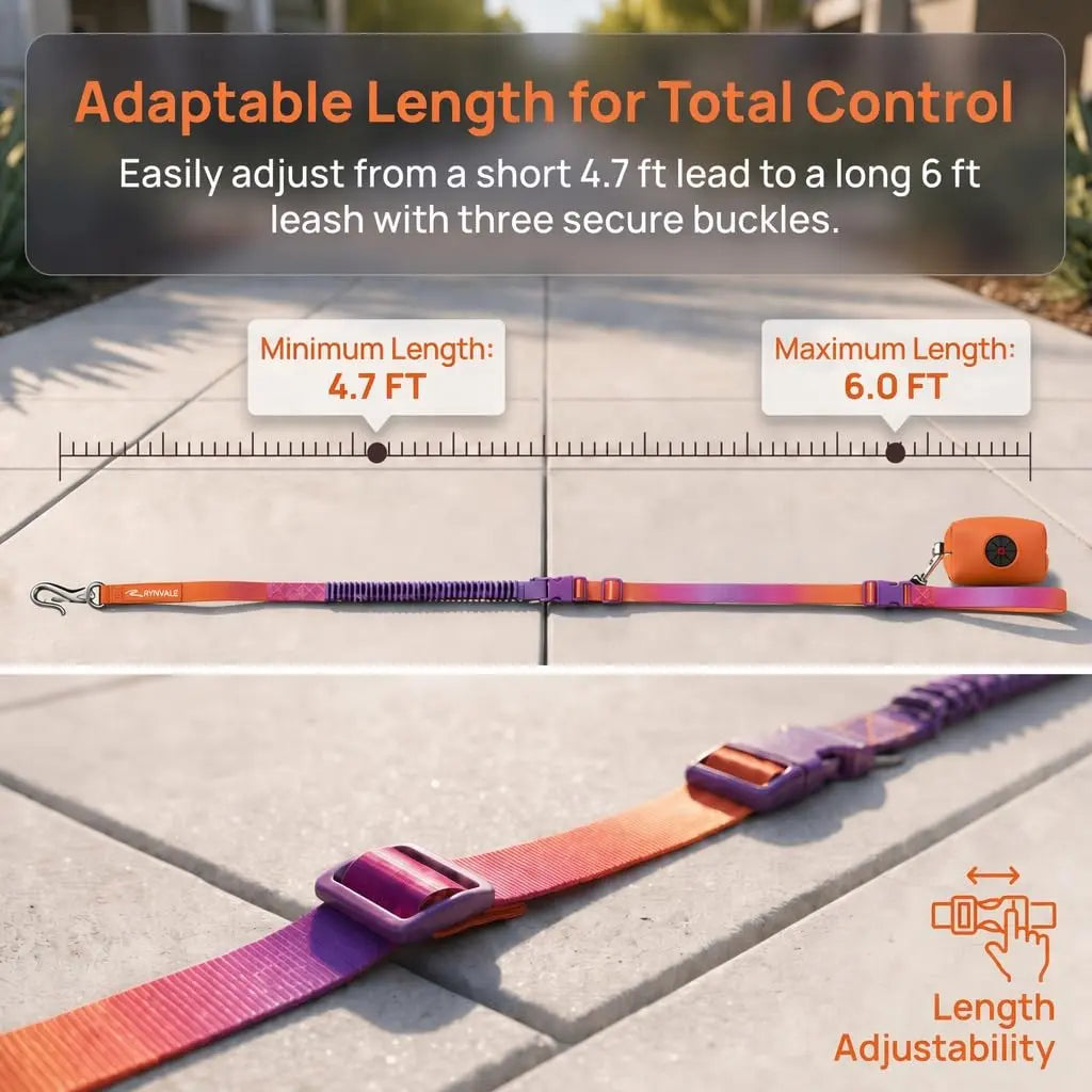 RYNVALE 6-Foot Hands-Free Dog Leash for Large Breeds with Waist Attachment, Car Seatbelt Clip, Poop Bag Holder, and Shock-Absorbing Dual Padded Handles, Supports Up to 220 lbs