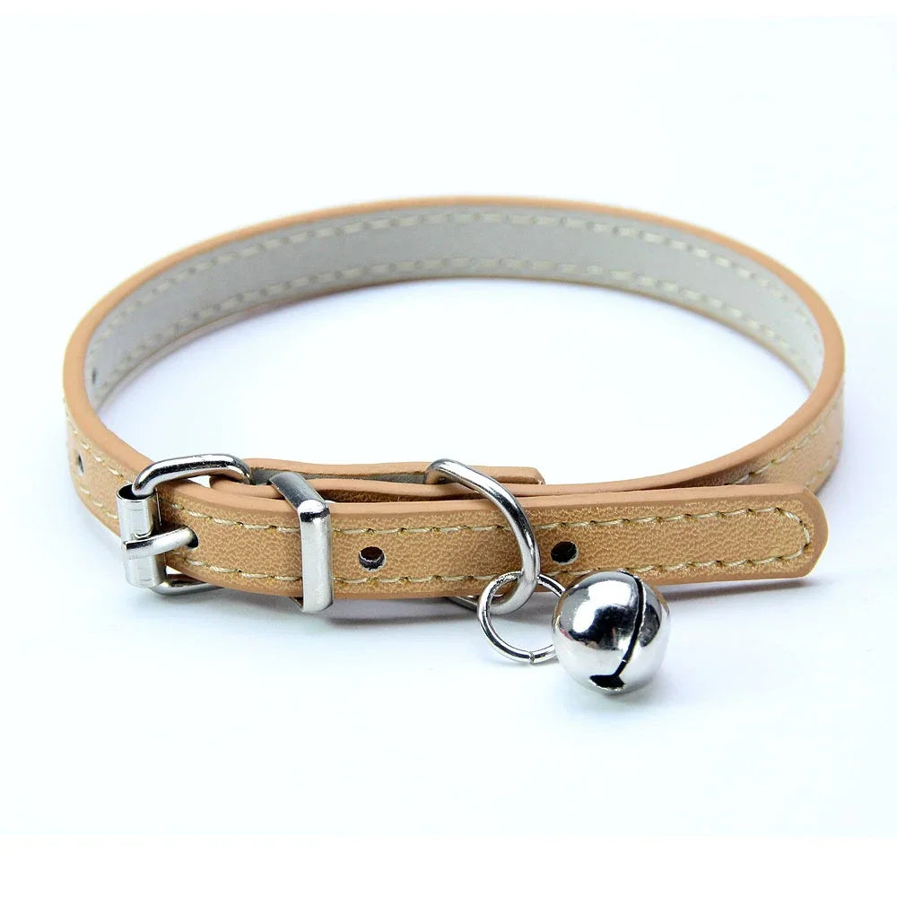 Elegant Leather Cat Collar with Bell - Safety Necklace for Small Dogs, Kittens, and Chihuahuas - Pet Accessories