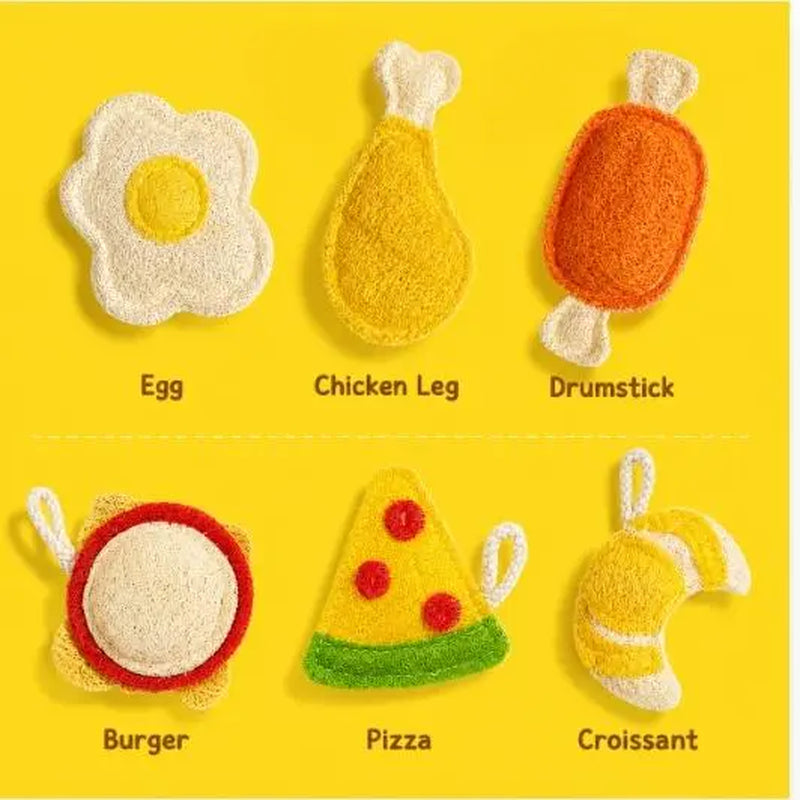 Natural Loofah Pet Chew Toy Set (3-Pack) - Food Shapes: Chicken Leg, Drumstick, Egg - Infused with Catnip & Silvervine, Antibacterial, Molar Teeth Cleaner, Anxiety Relief, Non-Toxic & Biodegradable for Cats, Kittens, and Dogs
