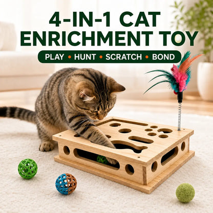 4-In-1 Birch Plywood Interactive Puzzle Toy - Feather Teaser, Hidden Balls, Claw-Filing Pad, Indoor Enrichment Activity Box for Bored Pets, Multi-Pet Play