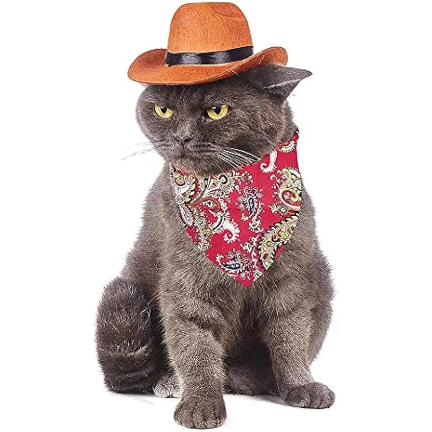 Western Cowboy 2-Piece Costume Set for Small Pets - Adjustable Hat with Chin Strap and Bandana for Puppy Cosplay, Parties, and Everyday Wear