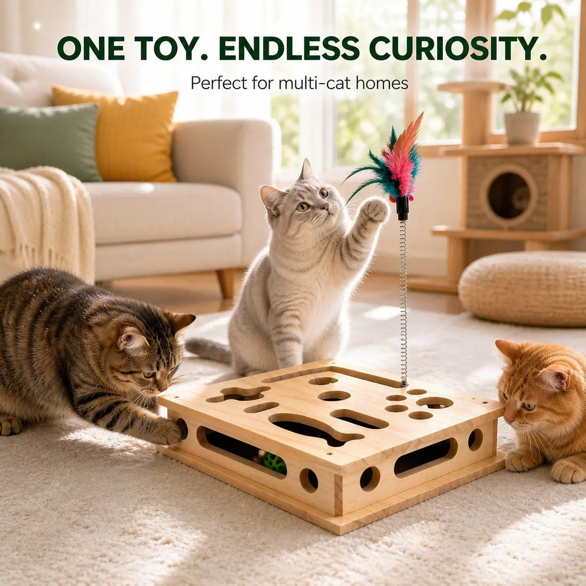 4-In-1 Birch Plywood Interactive Puzzle Toy - Feather Teaser, Hidden Balls, Claw-Filing Pad, Indoor Enrichment Activity Box for Bored Pets, Multi-Pet Play