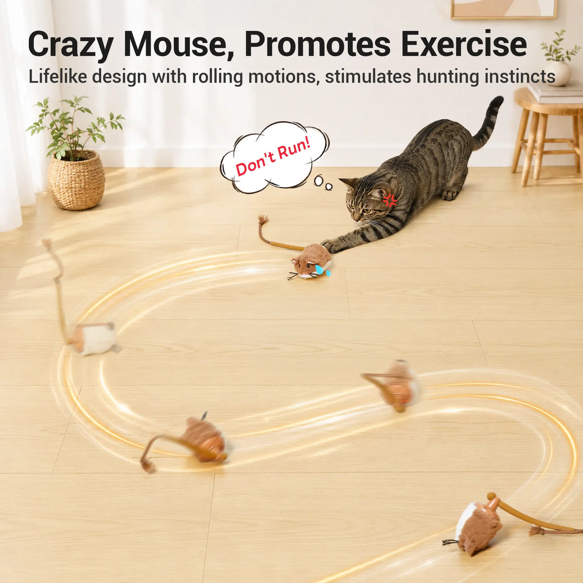 Potaroma Smart Rolling Plush Mouse Cat Toy - Automatic Motion-Activated Interactive Electric Toy, Rechargeable for Indoor Cats and Kittens