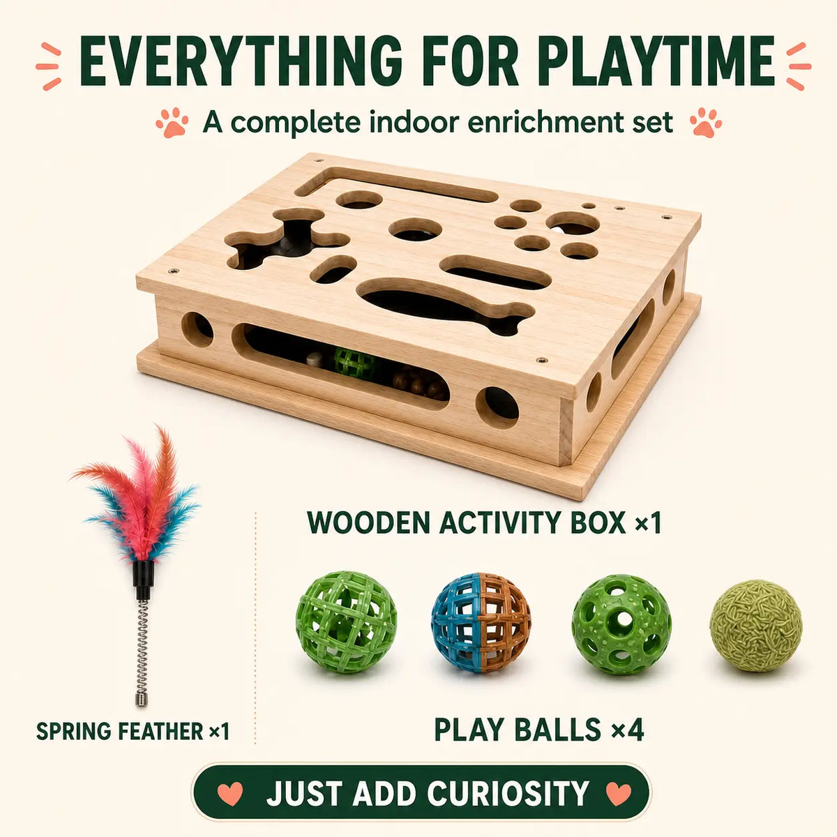 4-In-1 Birch Plywood Interactive Puzzle Toy - Feather Teaser, Hidden Balls, Claw-Filing Pad, Indoor Enrichment Activity Box for Bored Pets, Multi-Pet Play