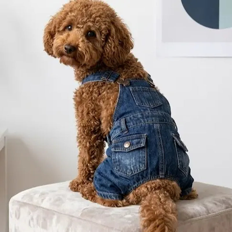 Dog & Cat Winter Denim Overalls - Polyester Fiber Apparel, Warm, Classic Look, XS-XL Fit, Hassle-Free Dressing, Sweater Compatible, Cozy Indoor Use, Realistic Overall Straps, Photo-Ready Design