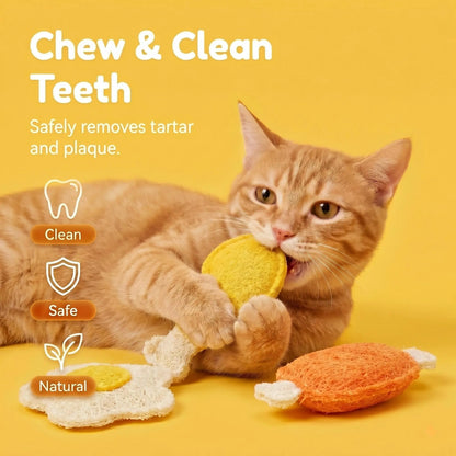 Natural Loofah Pet Chew Toy Set (3-Pack) - Food Shapes: Chicken Leg, Drumstick, Egg - Infused with Catnip & Silvervine, Antibacterial, Molar Teeth Cleaner, Anxiety Relief, Non-Toxic & Biodegradable for Cats, Kittens, and Dogs