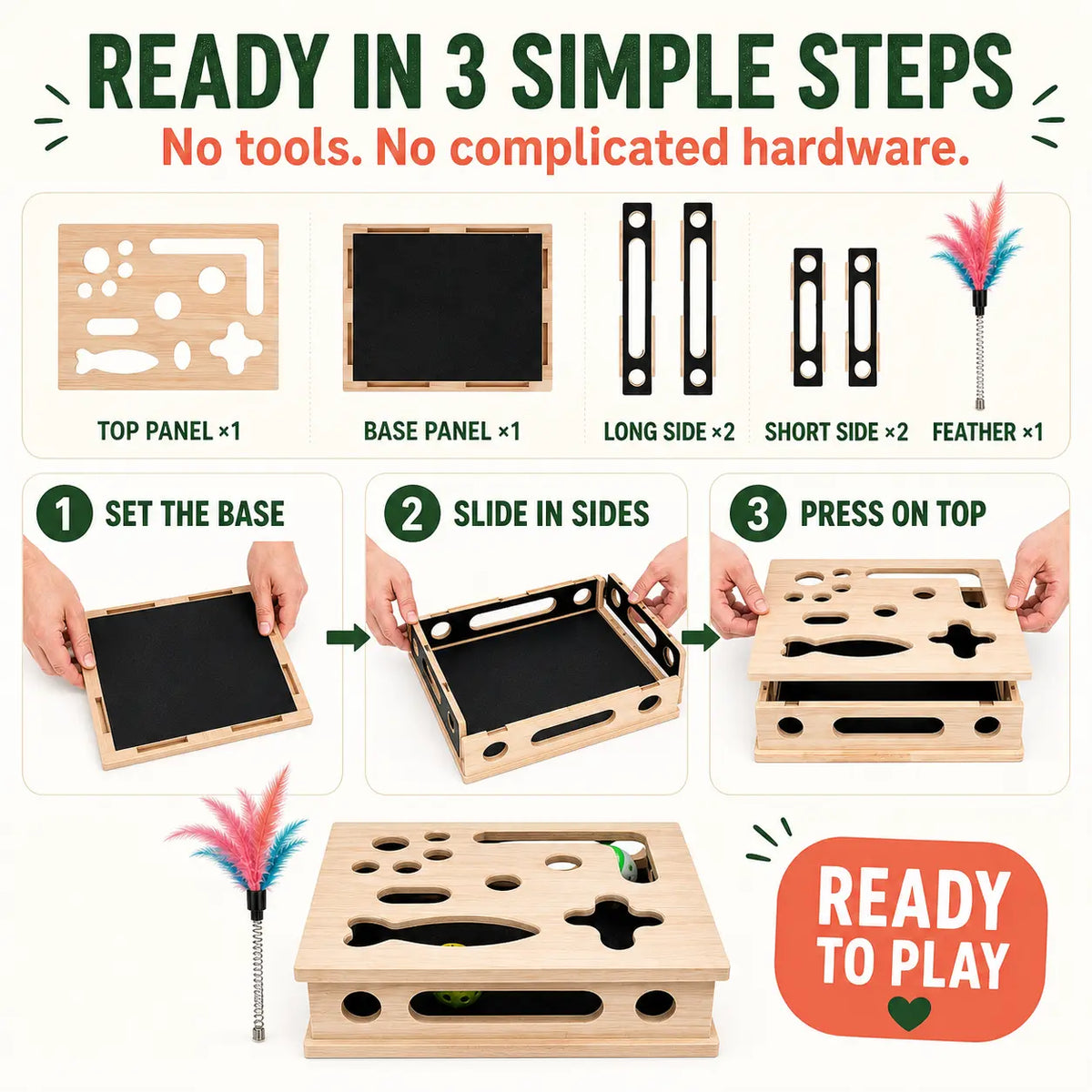 4-In-1 Birch Plywood Interactive Puzzle Toy - Feather Teaser, Hidden Balls, Claw-Filing Pad, Indoor Enrichment Activity Box for Bored Pets, Multi-Pet Play