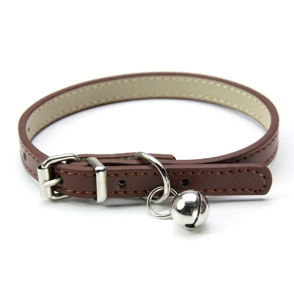 Elegant Leather Cat Collar with Bell - Safety Necklace for Small Dogs, Kittens, and Chihuahuas - Pet Accessories