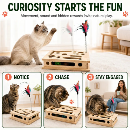 4-In-1 Birch Plywood Interactive Puzzle Toy - Feather Teaser, Hidden Balls, Claw-Filing Pad, Indoor Enrichment Activity Box for Bored Pets, Multi-Pet Play