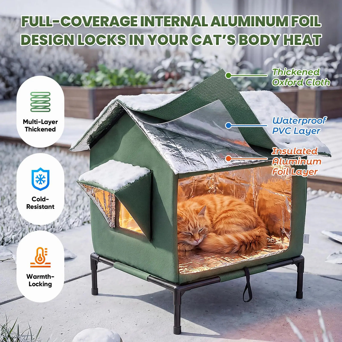 Outdoor Weatherproof Cat Shelter - Insulated All-Season House for Stray Cats, Spacious Interior (17.7"L x 15.7"W x 21.6"H), Windproof Design for Yard and Porch
