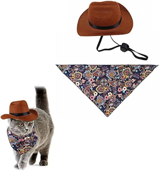 Western Cowboy 2-Piece Costume Set for Small Pets - Adjustable Hat with Chin Strap and Bandana for Puppy Cosplay, Parties, and Everyday Wear