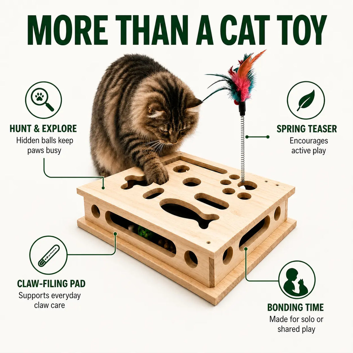 4-In-1 Birch Plywood Interactive Puzzle Toy - Feather Teaser, Hidden Balls, Claw-Filing Pad, Indoor Enrichment Activity Box for Bored Pets, Multi-Pet Play