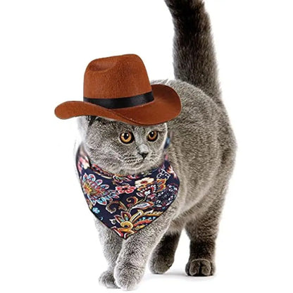 Western Cowboy 2-Piece Costume Set for Small Pets - Adjustable Hat with Chin Strap and Bandana for Puppy Cosplay, Parties, and Everyday Wear