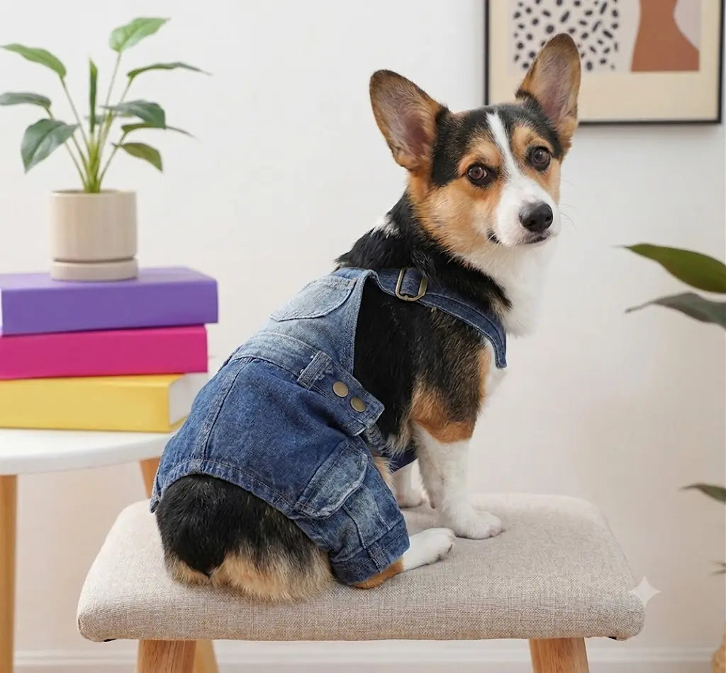 Dog & Cat Winter Denim Overalls - Polyester Fiber Apparel, Warm, Classic Look, XS-XL Fit, Hassle-Free Dressing, Sweater Compatible, Cozy Indoor Use, Realistic Overall Straps, Photo-Ready Design