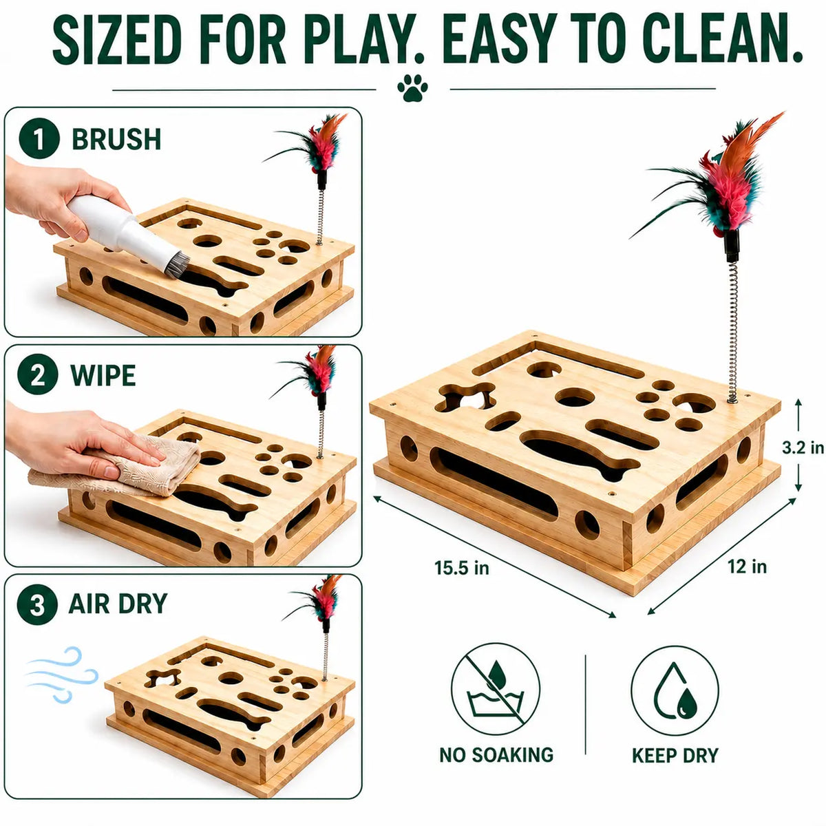 4-In-1 Birch Plywood Interactive Puzzle Toy - Feather Teaser, Hidden Balls, Claw-Filing Pad, Indoor Enrichment Activity Box for Bored Pets, Multi-Pet Play