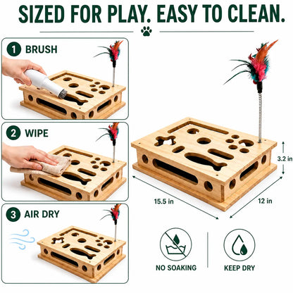 4-In-1 Birch Plywood Interactive Puzzle Toy - Feather Teaser, Hidden Balls, Claw-Filing Pad, Indoor Enrichment Activity Box for Bored Pets, Multi-Pet Play