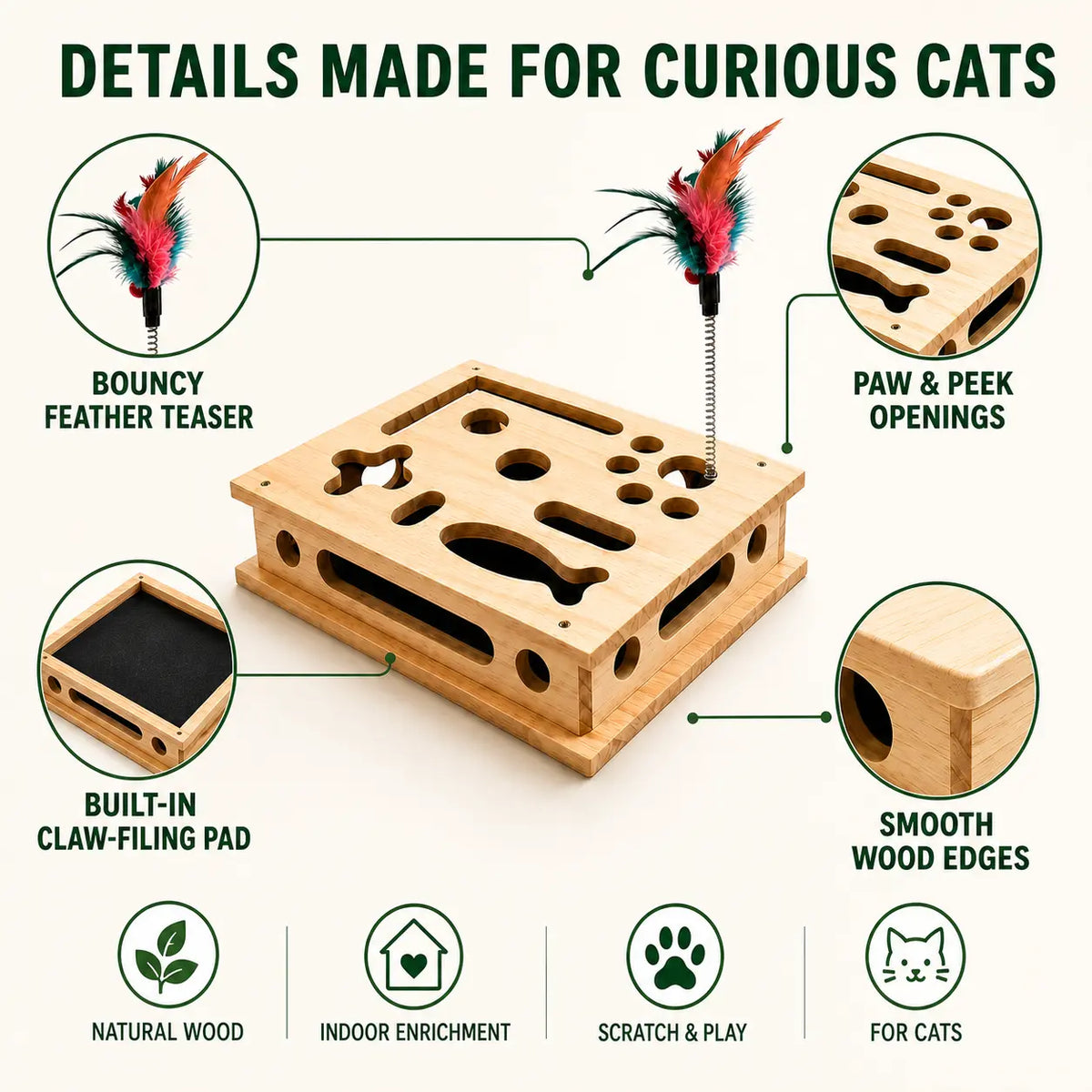 4-In-1 Birch Plywood Interactive Puzzle Toy - Feather Teaser, Hidden Balls, Claw-Filing Pad, Indoor Enrichment Activity Box for Bored Pets, Multi-Pet Play