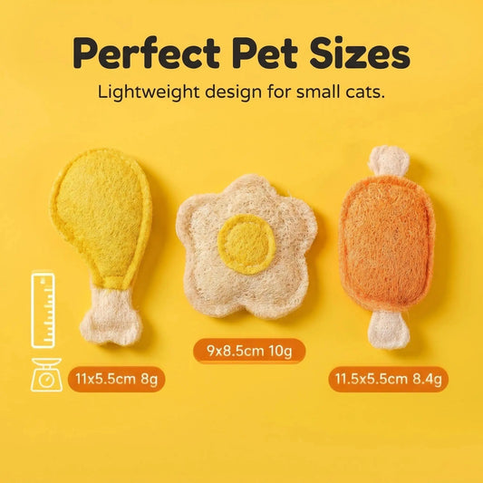 Natural Loofah Pet Chew Toy Set (3-Pack) - Food Shapes: Chicken Leg, Drumstick, Egg - Infused with Catnip & Silvervine, Antibacterial, Molar Teeth Cleaner, Anxiety Relief, Non-Toxic & Biodegradable for Cats, Kittens, and Dogs